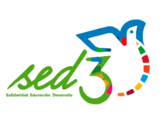 Logotipo de SED (Solidaridad, Educación, Desarrollo), con la palabra 'sed' en tipografía verde y un número 3 integrado en el diseño. A la derecha, una paloma estilizada en azul con un contorno multicolor en su ala y cuerpo.