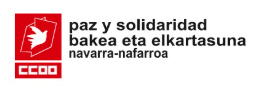 Logotipo de CCOO Navarra con un diseño que incluye un símbolo (paloma en un libro) y el texto "paz y solidaridad", "bakea eta elkartasuna", y "navarra - nafarroa".