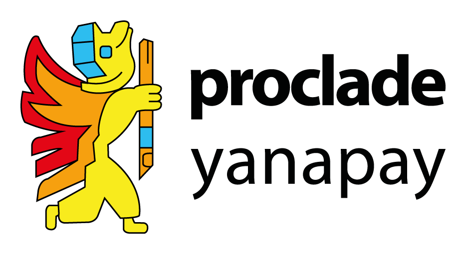 ogotipo de Proclade Yanapay, con una figura estilizada de un personaje amarillo con casco azul, alas rojas y naranjas, sosteniendo un bastón de colores. A la derecha, el nombre en tipografía negra.