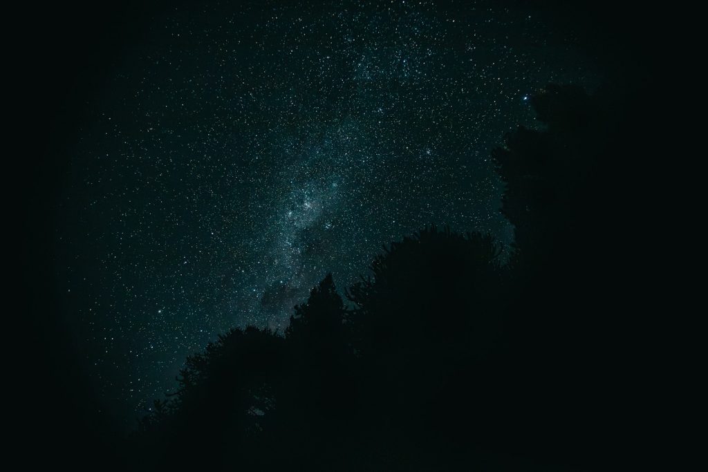 Night sky filled with stars and silhouettes.