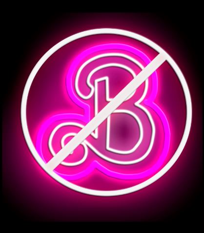 Imagen con la B de barbie en tonos neones, con un prohibido por encima.