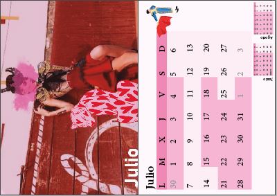 Una imagen del calendario, esta muestra el mes de Julio, marcando con un rosa mas intenso los días laborales, la imagen de cabeza muestra a una torrera con imagenes pintadas por encima, mostrando una agresibidad femenina.