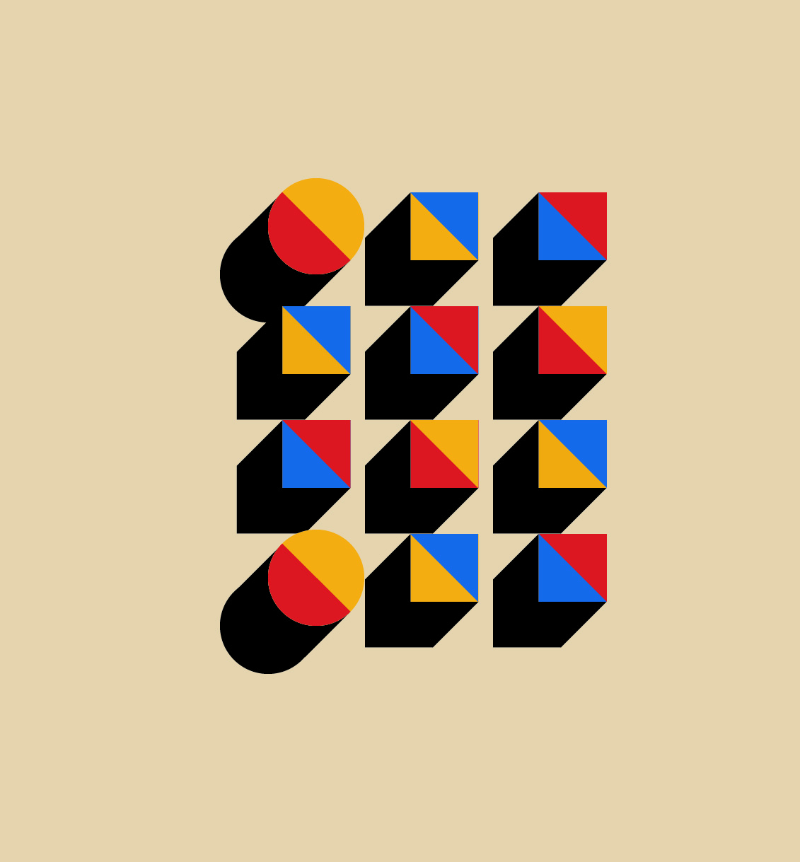 Un fondo de un tono claro beight, donde por encima ordenadamente hay formas cuadradas y circulares, proyectando una sombra, las formas estan divididas en dos, con colores primarios, rojo, azul y amarillo.