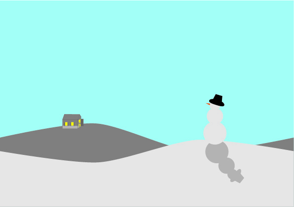 Imagen vectorial creada con formas simples y una paleta de color fria, con un color amarillo de fondo, la postal es un fondo azul simulando el cielo y un suelo entre blanco y grisaceo formando unas montañas, teniendo al fondo de una de ellas una cabaña alumbrada y en la mas cercana un muñeco de nieve con un sombrero mirando hacia la cabaña.